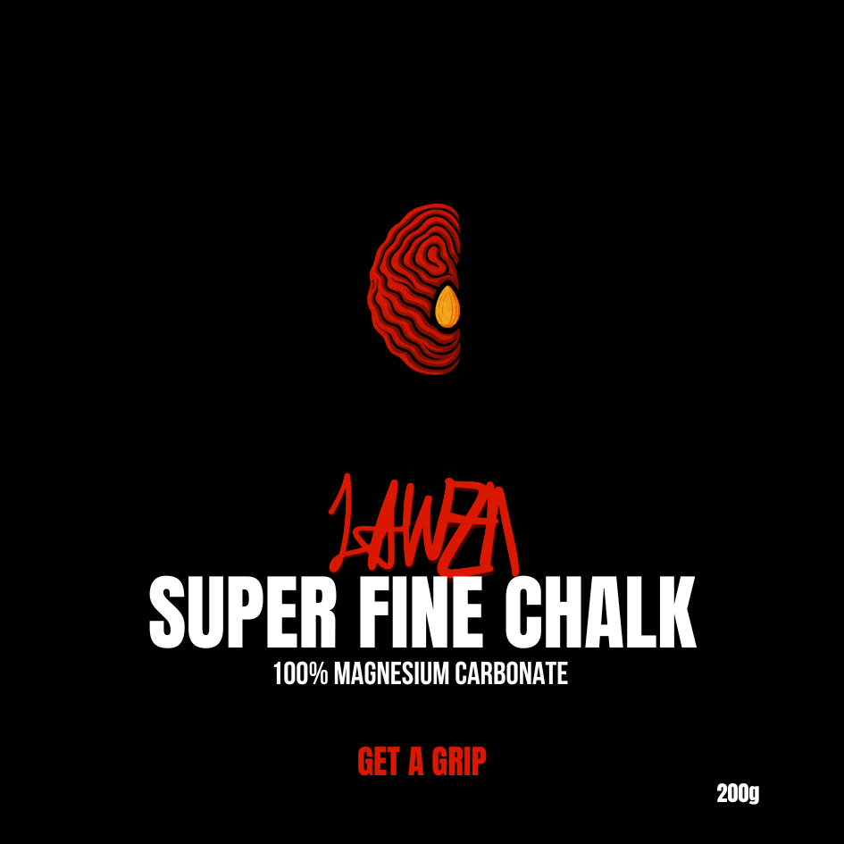 Super fine chalk advertisement with brand logo and product name on a black background