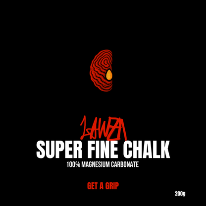 Super fine chalk advertisement with brand logo and product name on a black background
